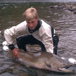 man holding salmon in a stream regarding restoring fish habitat