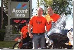 Bill Wellbourn and Dave Valentine with the Westcoast Ride to Live Bill Wellbourn and Dave Valentine with the Westcoast Ride to Live standing at the Accent Inn Victoria