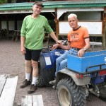 Norman Gidney with Paul Lautard, who created Cyclist's Rest at Rhone along the KVR with a full-size replica of a CPR caboose that he built. Son of a railwayman, he grew up at nearby Carmi and used to ride the KVR to school.